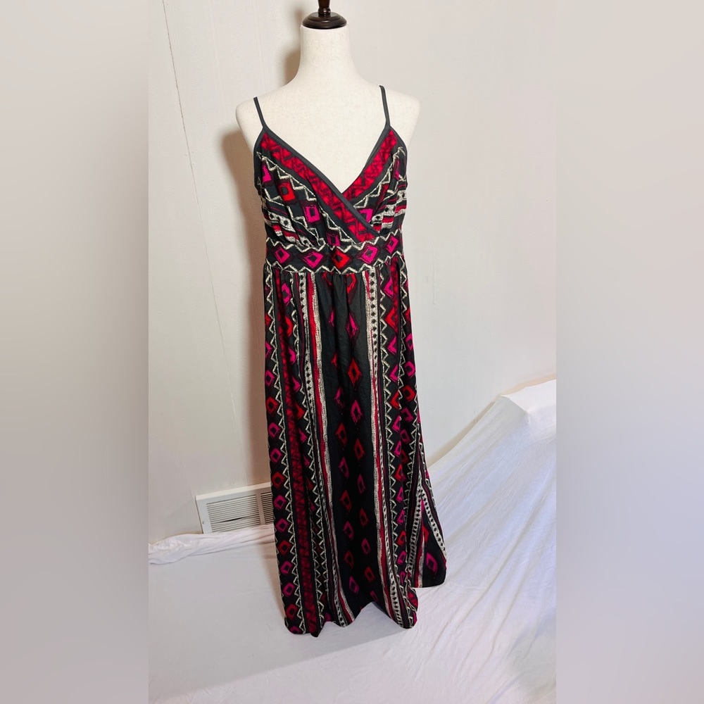 Lane Bryant Black Maxi Dress with Pink and Red Geometric Pattern